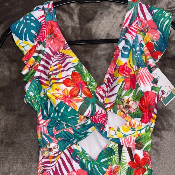 B2prity Cutout One Piece Swimsuit Womens Multicolor Floral Summer Ruffle V-Neck - Picture 2 of 7